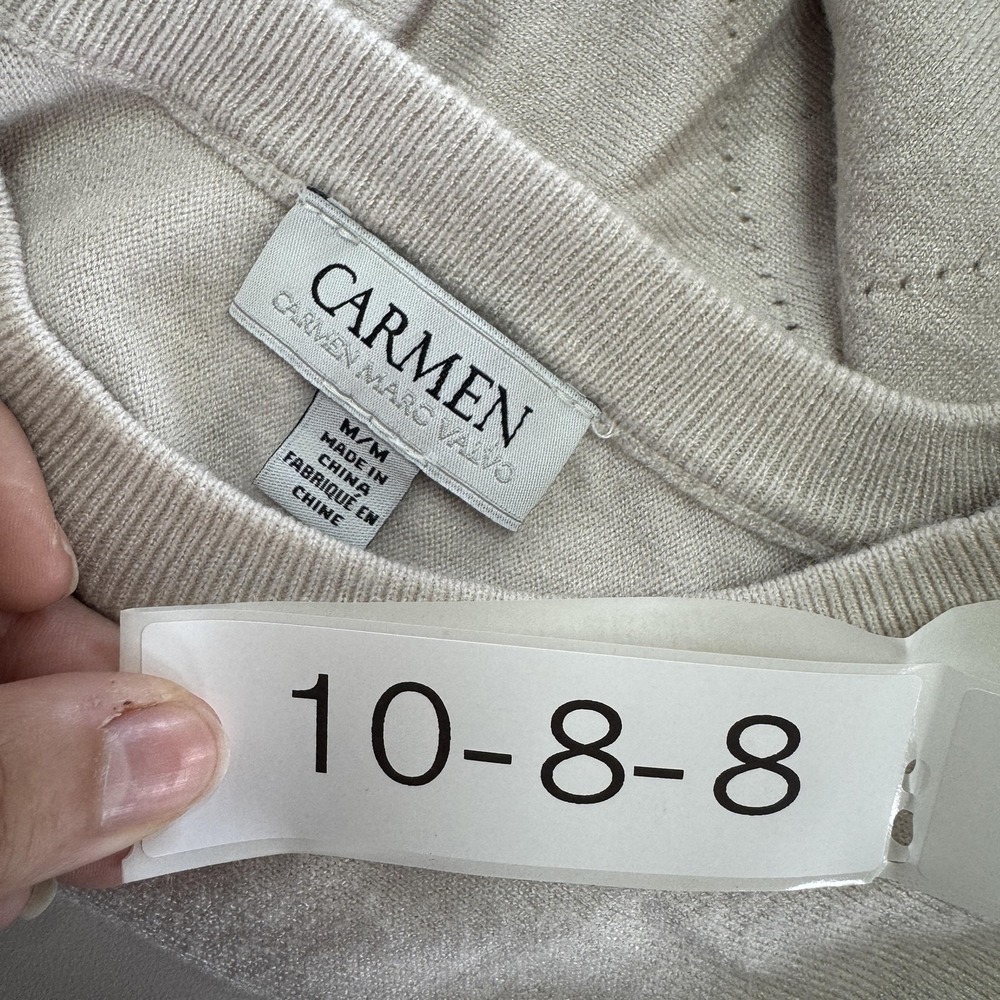 Carmen Marc Valvo Sweater Womens Medium Cream Pullover Lightweight Knit Crewneck - Picture 3 of 7